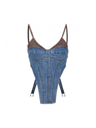 Wmns Chuko Knit Combo Denim Bustier "Washed Blue